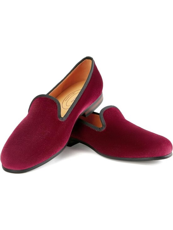 Mens Plain Burgundy Rubber Velvet Loafer Embroidery Slip-On Tuxedo Slipper Shoes
